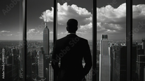 Silhouette of a Man Looking Out a Window at a Cityscape