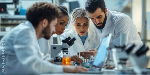 A group of scientists are working together on a laptop. They are all wearing white lab coats and are focused on the screen