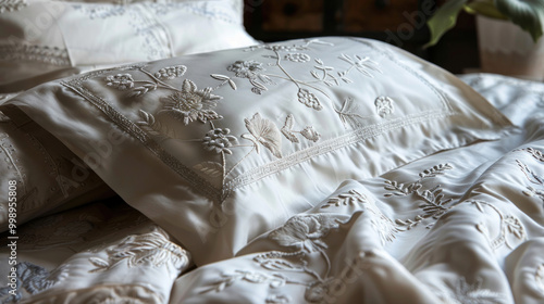 A visual of a bedding set crafted by hand, featuring intricate embroidery and attention to detail.