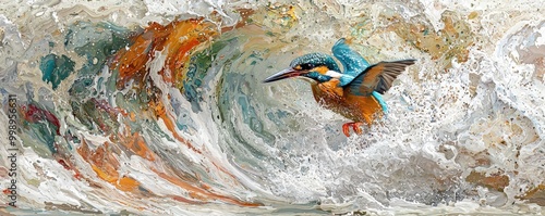 Vibrant Kingfisher Among Waves in Motion