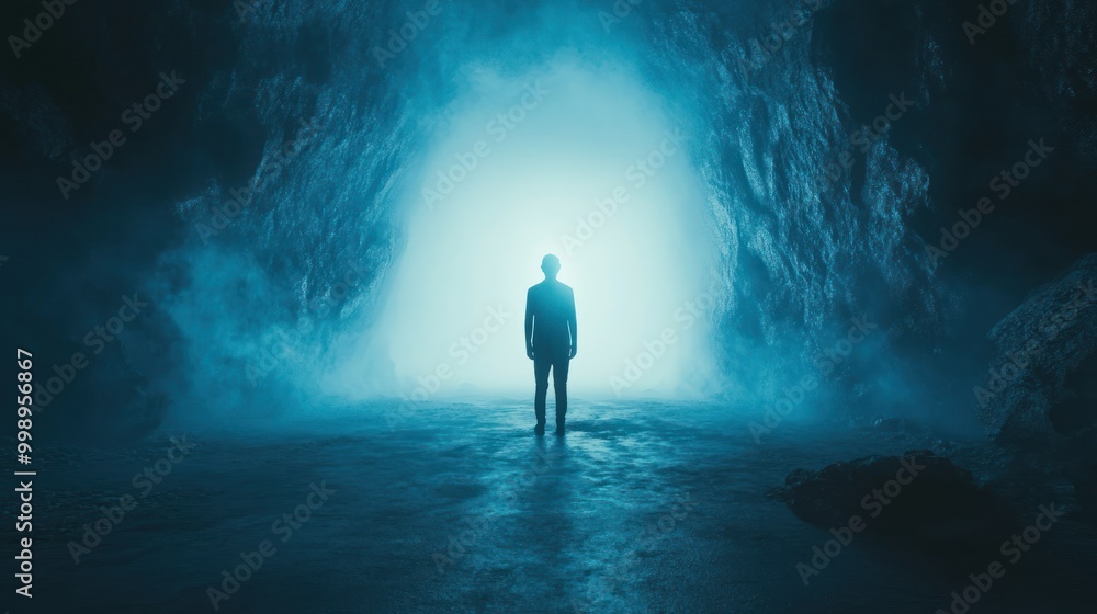 A Solitary Figure Stands in a Blue-Lit Cave A Solitary Figure Stands in a Blue-Lit Cave