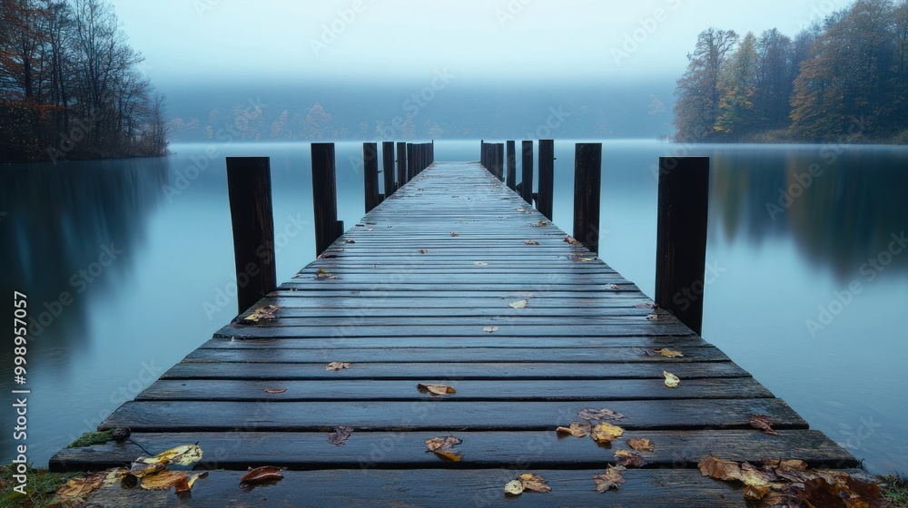 Obraz premium Tranquil Wooden Pier Leading into Misty Lake