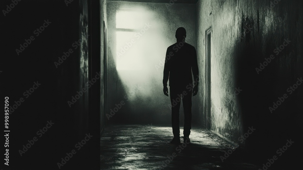 Fototapeta premium Silhouette of a Man Standing in a Dark Hallway with a Light Source at the End