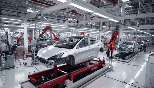 EV automated manufacturing factory with robotic arms. Electric vehicle cars, modern technology, mass production, clean energy future