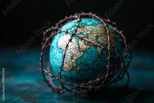 A globe surrounded by barbed wire symbolizes conflict and restriction, highlighting struggles faced by our world today. This powerful image evokes sense of urgency and reflection photo