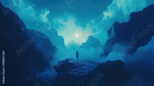 Wallpaper Mural Solitary Figure Standing on a Rock Cliff Under a Night Sky with a Full Moon and Clouds Torontodigital.ca