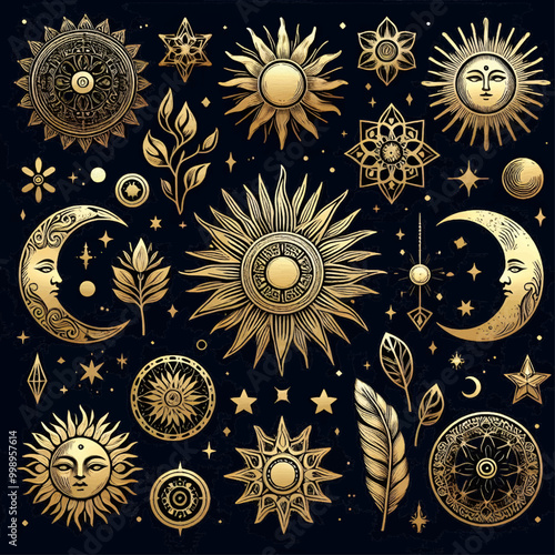 Vector golden set of mystical magic different sun and moon. Spiritual occultism objects, trendy style. Elements template for posters, prints, patterns, illustrations and logos. 
