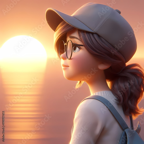 Contemplative Girl at Sunset - 3D Character for Children's Books on Self-Reflection and Emotional Growth