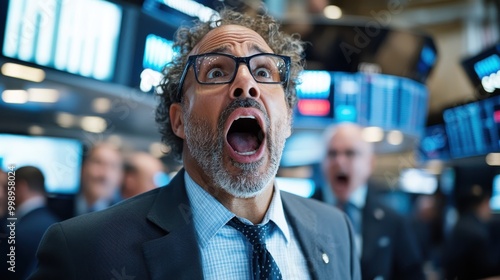 A businessman with mouth agape in shock at the stock exchange, surrounded by digital boards, highlighting the intense emotions and fast-paced environment.