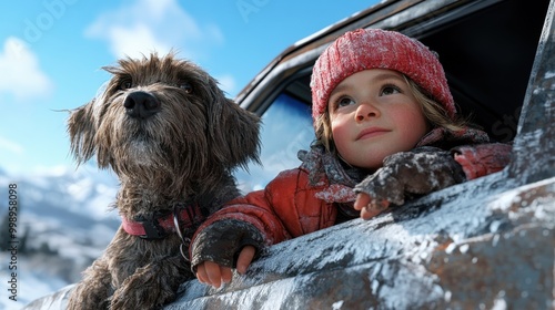 A child in a red hat and a shaggy dog gaze out from a snowy car window, taking in the panoramic winter landscape with an expression of joy and wonder.