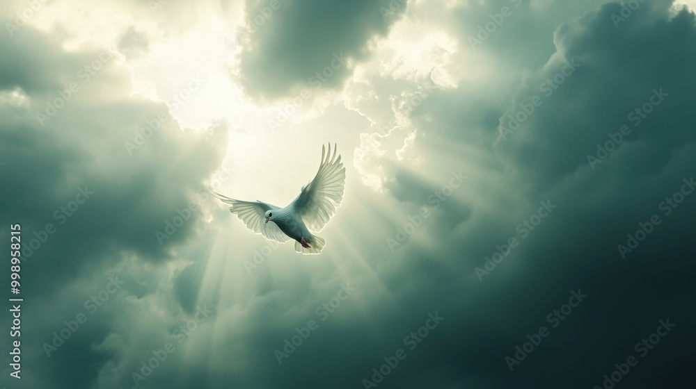 A white dove flying through a stormy sky, rays of sunlight and dark clouds, peace overcoming conflict A white dove flying through a stormy sky, rays of sunlight and dark clouds, peace overcoming conflict