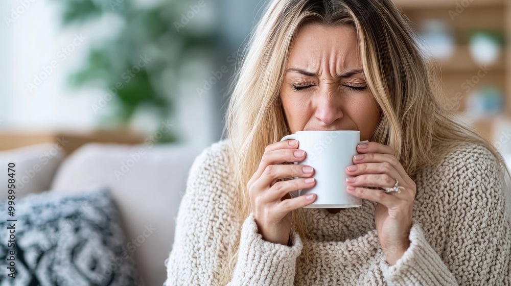 A woman frowns while drinking from a white mug, possibly finding the beverage too hot, in a cozy living room environment featuring casual comfort. A woman frowns while drinking from a white mug, possibly finding the beverage too hot, in a cozy living room environment featuring casual comfort.