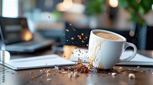 A coffee mug is shown tipping over on a desk, spilling coffee near documents and notebooks, with coffee splashes mid-air in a modern indoor workspace flooded with light. photo