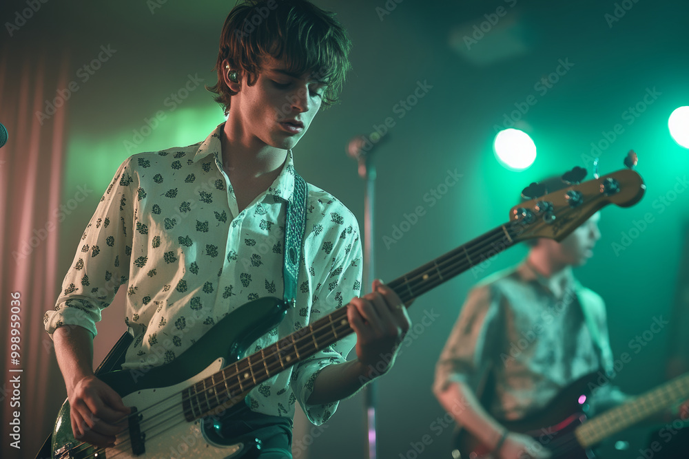 Obraz premium A young man passionately plays bass guitar on stage, immersed in music, while another musician performs in background. vibrant lighting creates an energetic atmosphere
