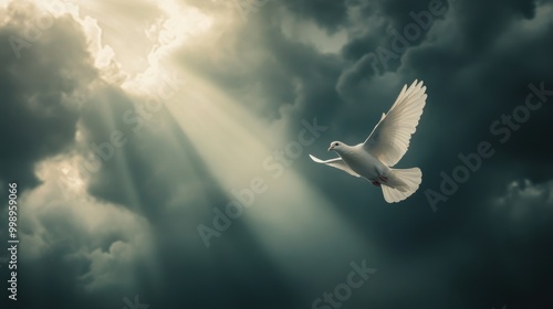 A white dove flying through a stormy sky, rays of sunlight and dark clouds, peace overcoming conflict