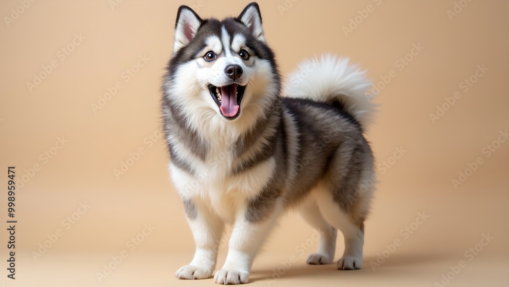 Surprised Alaskan Malamute against beige backdrop Surprised Alaskan Malamute against beige backdrop