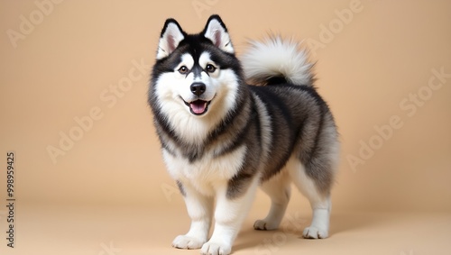 Surprised Alaskan Malamute against beige backdrop