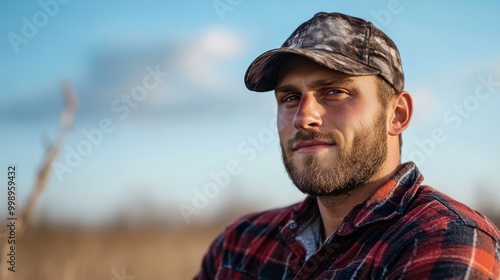 A rugged man wearing a cap and a plaid shirt, standing outdoors facing the camera with a pensive gaze, illustrating contemplation and nature appreciation.