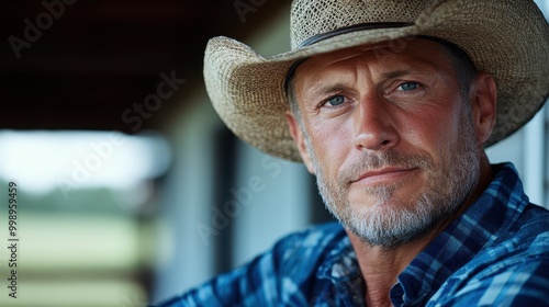 Close-up of a serious cowboy wearing a hat, captured as he looks out from a doorway with a strong expression, reflecting determination and rustic charm.