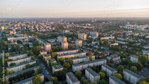 Panorama miasta. Zachód słońca nad miastem. Częstochowa z lotu ptaka. photo