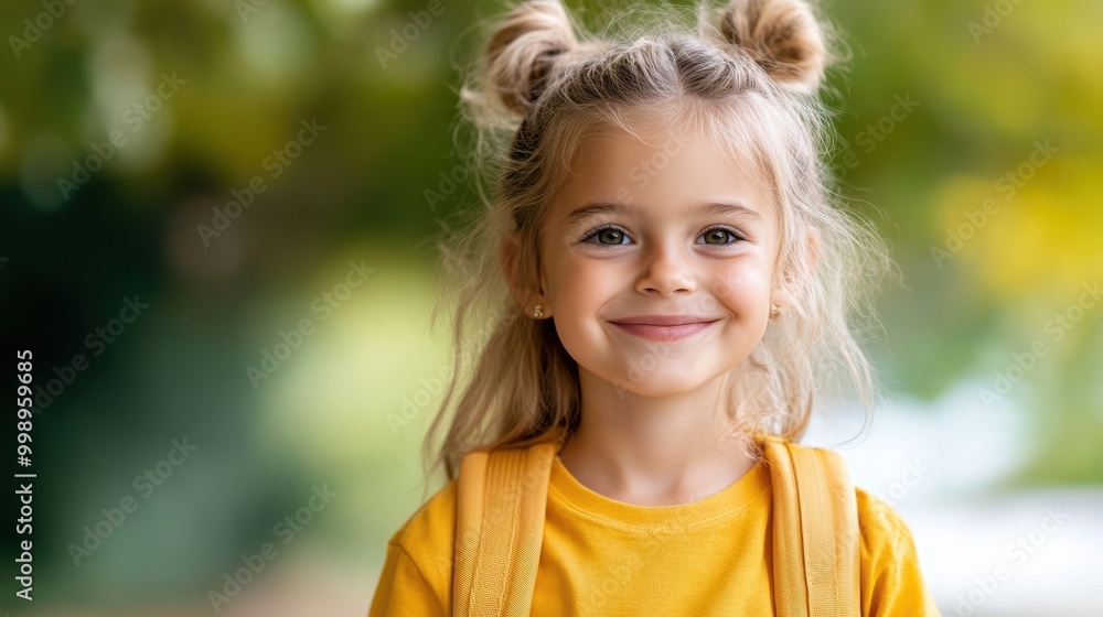A cheerful blond girl with pigtail hairstyle wearing a yellow outfit smiles warmly under lush foliage, conveying warmth and joy on a sunny day. A cheerful blond girl with pigtail hairstyle wearing a yellow outfit smiles warmly under lush foliage, conveying warmth and joy on a sunny day.