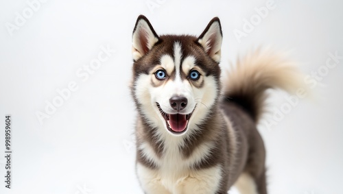 Surprised Husky with blue eyes against white background