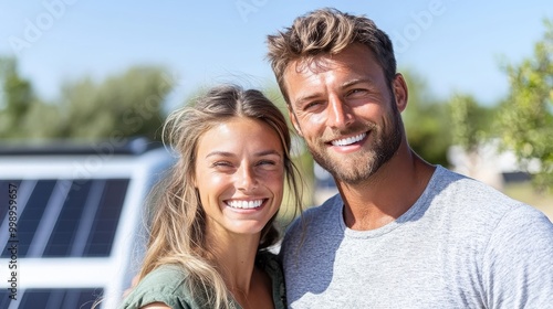 A young couple radiating joy stands beside a bright solar-paneled home, reflecting their happiness and sustainable living under a blue sky beaming with sunshine.