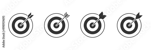 Arrow with target black illustration in 4 variations. Marketing goal sign. Vector icons in flat style