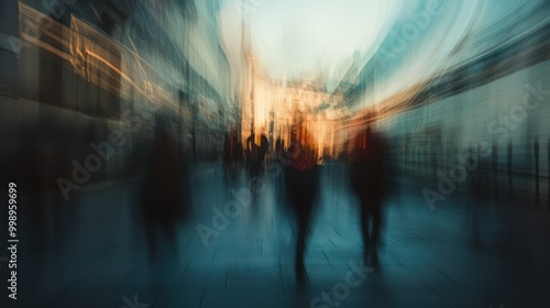 Blurry Abstract Image of People Walking in a City Street at Sunset