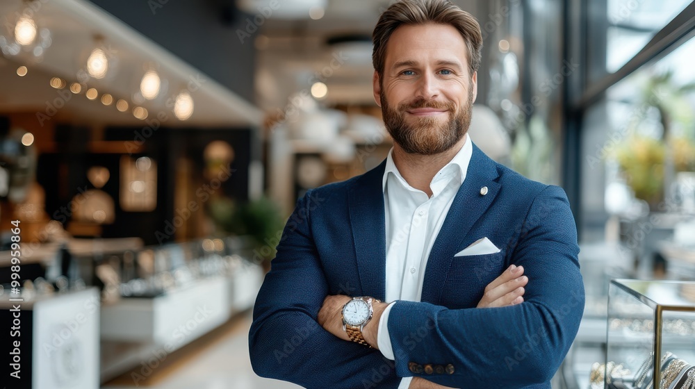 A man wearing a blue suit is smiling confidently in a modern store, with hands crossed, showcasing a sense of professionalism and approachability. A man wearing a blue suit is smiling confidently in a modern store, with hands crossed, showcasing a sense of professionalism and approachability.