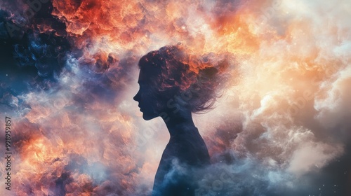 A Woman's Silhouette Emerging from a Fiery, Nebulous Sky