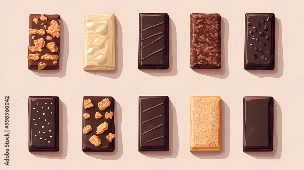Overhead flat lay view of energy protein bar or chocolate bar snack packaging template design. Flat Design. Illustration Overhead flat lay view of energy protein bar or chocolate bar snack packaging template design. Flat Design. Illustration