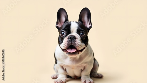 Wallpaper Mural Surprised French Bulldog with bat like ears on cream background Torontodigital.ca