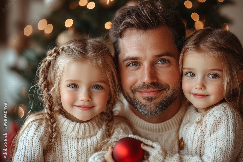 Father and two daughters decorate the Christmas tree with red balls.Happy family at home. Father and two daughters decorate the Christmas tree with red balls.Happy family at home.