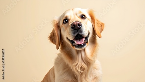 Startled Golden Retriever with wide eyes on cream background