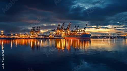 Serenity at Dusk: Aerial Views of an Illuminated Container Ship and Southampton Docks Reflected on Calm Waters