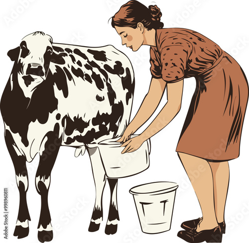 Milkmaid Woman with a Cow Vector Illustration