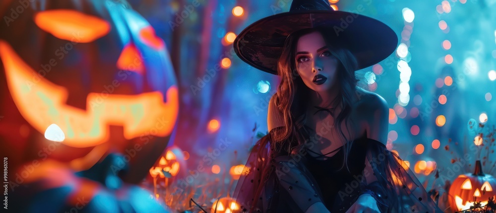 A brunette witch in a dark, mystical setting with glowing Jack-O'-Lanterns. The bokeh lights and eerie atmosphere enhance the enchanting Halloween scene A brunette witch in a dark, mystical setting with glowing Jack-O'-Lanterns. The bokeh lights and eerie atmosphere enhance the enchanting Halloween scene
