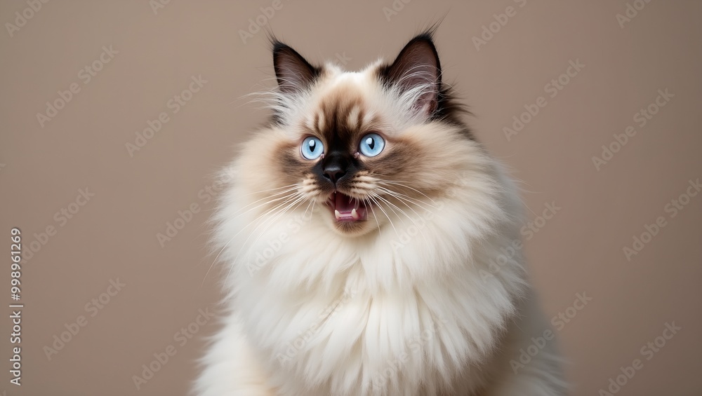 Surprised Himalayan cat with blue eyes on taupe background Surprised Himalayan cat with blue eyes on taupe background