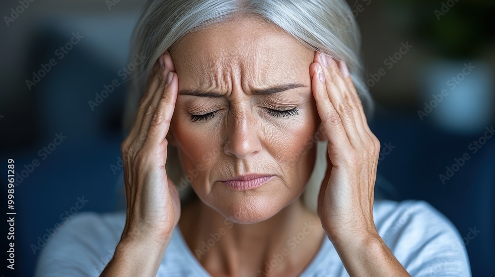 A middle-aged woman is pressing her temples with closed eyes, possibly dealing with pain or stress, capturing a relatable moment of human frustration and tension.