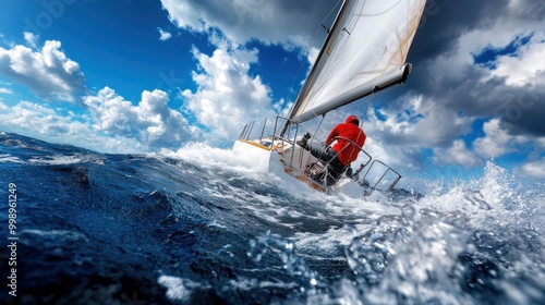 A single person in a red jacket sails a boat through rough seas, surrounded by dramatic clouds; capturing the force of nature and human determination in rough conditions.