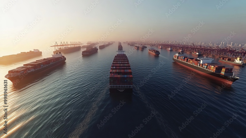 Naklejka premium Aerial 3D View of 20 Container Ships Anchored Off the Ports of Long Beach and Los Angeles, Showcasing Maritime Traffic and Congestion in Southern California’s Busy Harbors