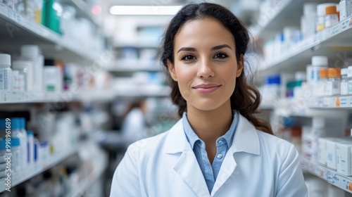 A smiling young female pharmacist stands confidently in a pharmacy aisle filled with medications, showcasing dedication and commitment to healthcare service.