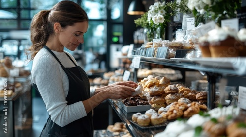 A bakery worker wearing an apron arranges an assortment of pastries on a display shelf. The background includes more baked goods, and the scene is set in a bright, inviting bakery. photo