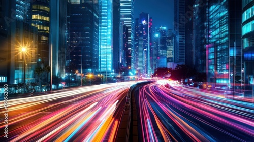 Cityscape with Streaks of Light from Cars at Night