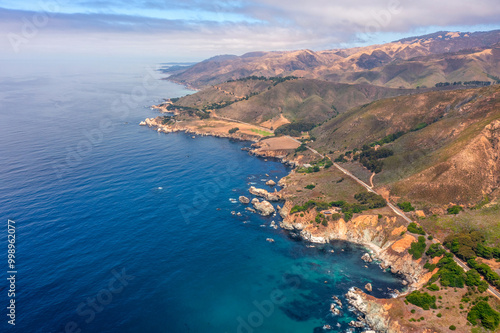 Highway 1 and Big Sur along the Pacific Ocean coast, beautiful landscape and aerial view, sunset, sunrise, fog. Concept, travel, vacation, weekend