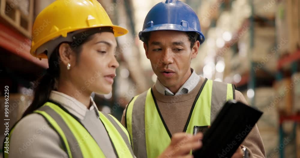 Tablet, engineer team and planning at warehouse for logistics, shipping or freight distribution discussion on tech. Factory, happy people and collaboration for inventory, stock or storage at plant