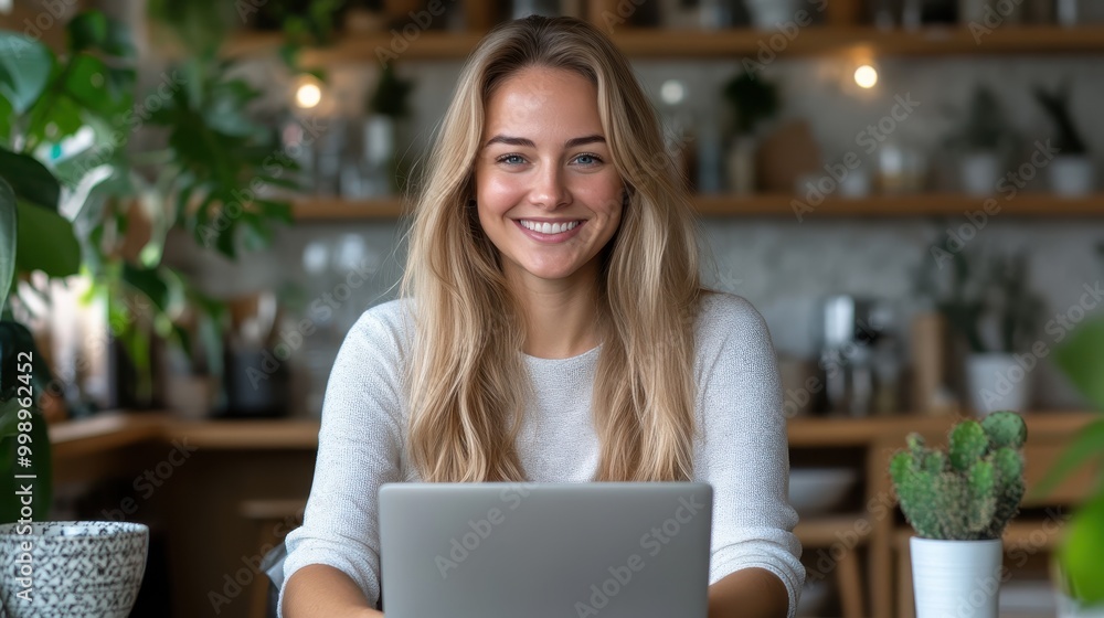 A young woman with blonde hair beams over her laptop amid lush greenery in a stylish room, conveying a sense of harmony and modern digital engagement. A young woman with blonde hair beams over her laptop amid lush greenery in a stylish room, conveying a sense of harmony and modern digital engagement.