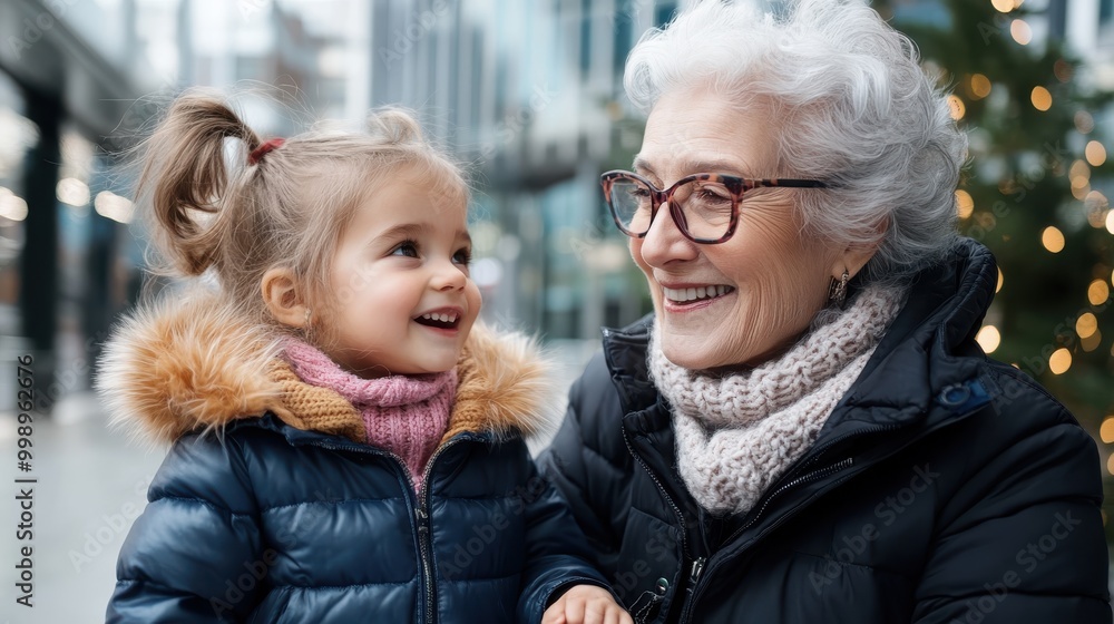 A grandmother and young child, both warmly dressed in winter attire, are enjoying an outdoor moment together in a bustling urban setting, highlighting family bonds and seasonal joy. A grandmother and young child, both warmly dressed in winter attire, are enjoying an outdoor moment together in a bustling urban setting, highlighting family bonds and seasonal joy.