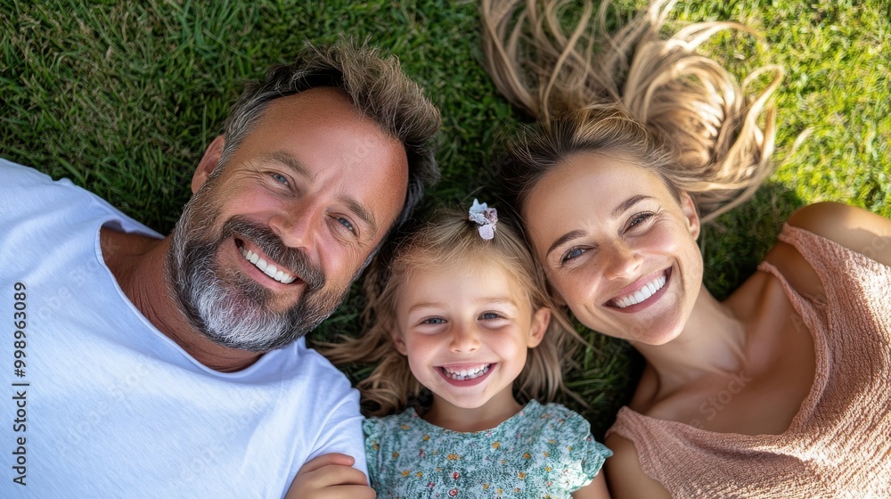 A family of three, two adults and a child, lay on grassy ground in a park, dressed in colorful summer outfits, enjoying a warm day outdoors and family bonding. A family of three, two adults and a child, lay on grassy ground in a park, dressed in colorful summer outfits, enjoying a warm day outdoors and family bonding.